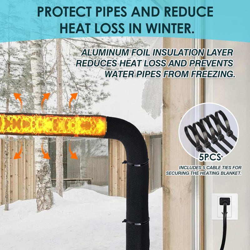 Lecritque 39” x 6.3 Water Pipe Heat Blanket with 4.9 ft Power Cord,110V, Max Temp 140˚F,Faucet Heating Blanket Winter Heating Tape for Metal and Plastic Pipes - Image 2